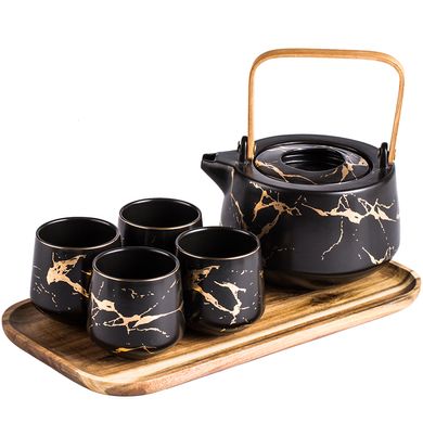 Дизайнерський чайний сервіз "Чорний мармур" з дерев'яним підносом