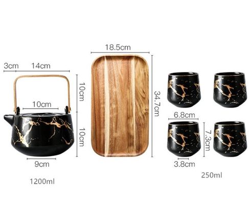 Дизайнерський чайний сервіз "Чорний мармур" з дерев'яним підносом
