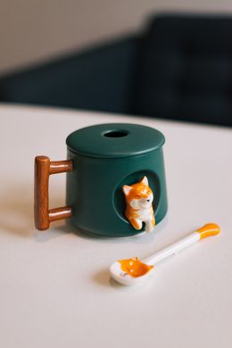 Дизайнерська чашка із кришкою і ложкою "Лисиця" Зелена