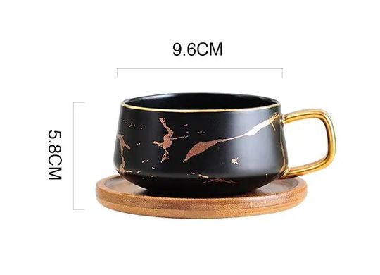 Чашка для кави з дерев'яним блюдцем "Чорний мармур" + чайна ложка