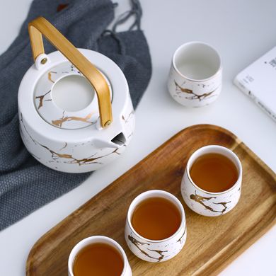 Фарфоровый чайный сервиз "Белый мрамор" с деревянным подносом