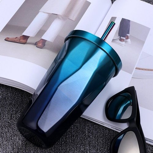 Склянка переносна з трубочкою синьо-блакитного кольору