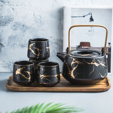Дизайнерский чайный сервиз "Черный мрамор" с деревянным подносом